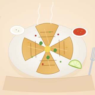 Plate of crispy 15-minute chicken quesadillas cut into wedges, served with sour cream and lime