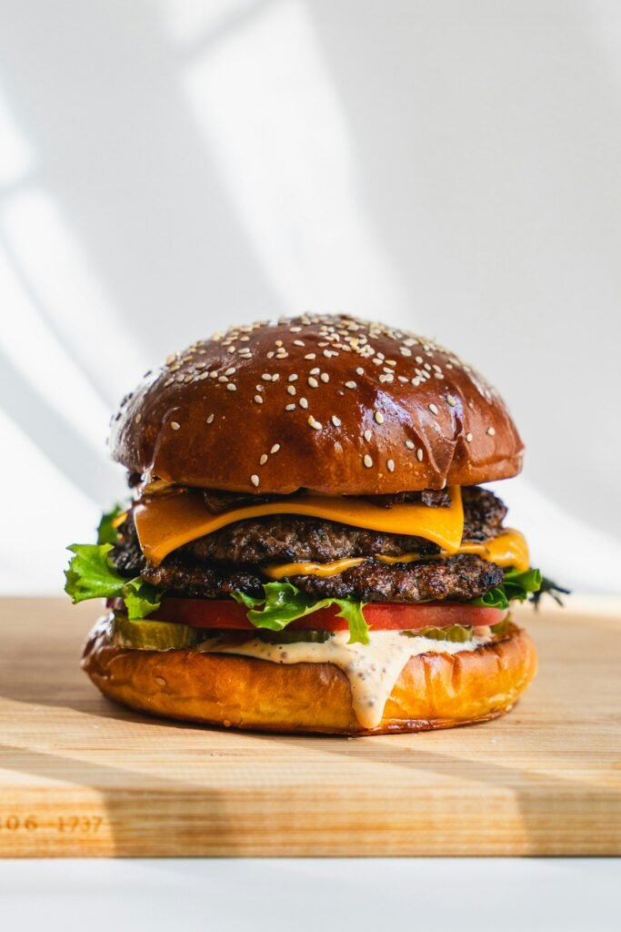 Classic smash burger with cheese on a toasted brioche bun