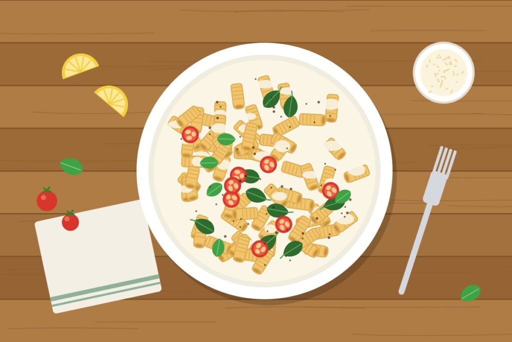 Creamy cottage cheese pasta with spinach, cherry tomatoes and basil in a white bowl