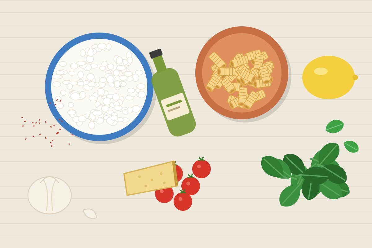 Cottage cheese pasta ingredients: cottage cheese, rigatoni, spinach, cherry tomatoes, Parmesan, garlic, lemon and olive oil