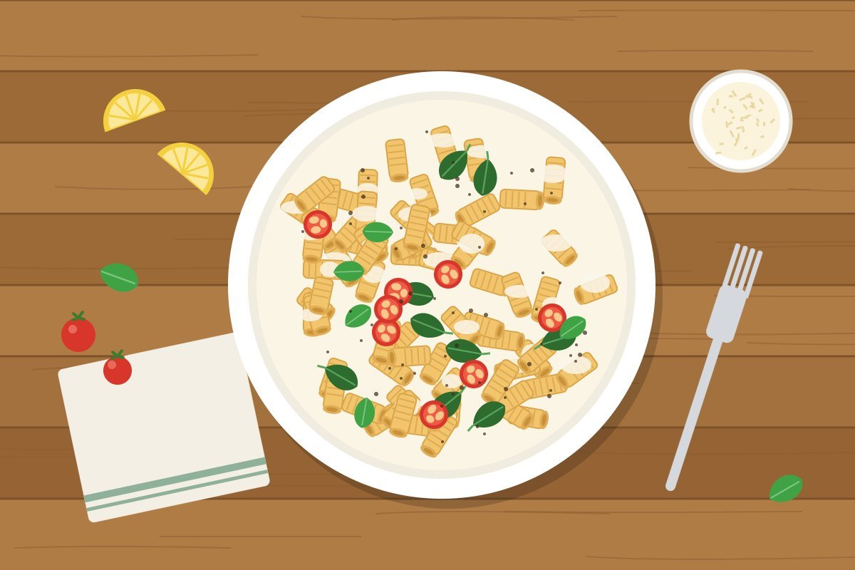 Creamy cottage cheese pasta with spinach, cherry tomatoes and basil in a white bowl