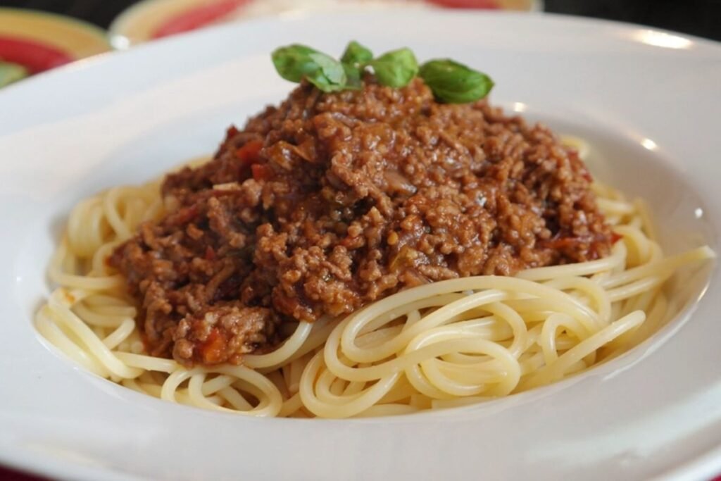 One-pot ground beef spaghetti topped with fresh basil in a white bowl