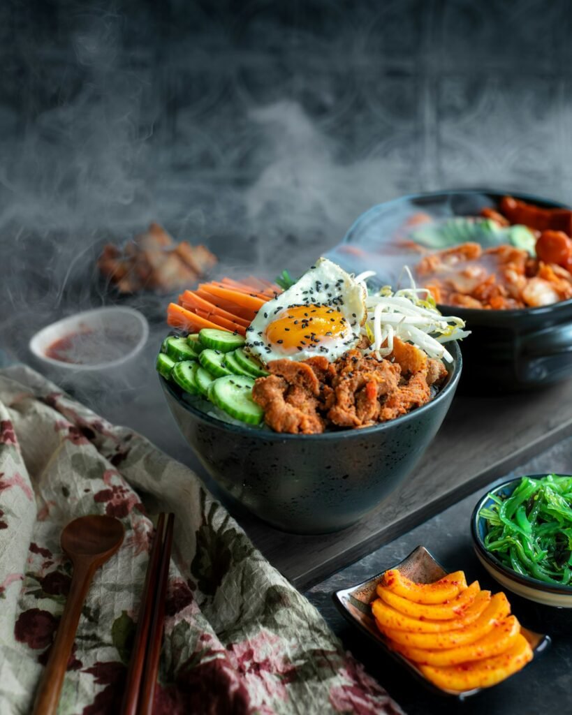 Korean beef rice bowl with fresh vegetables