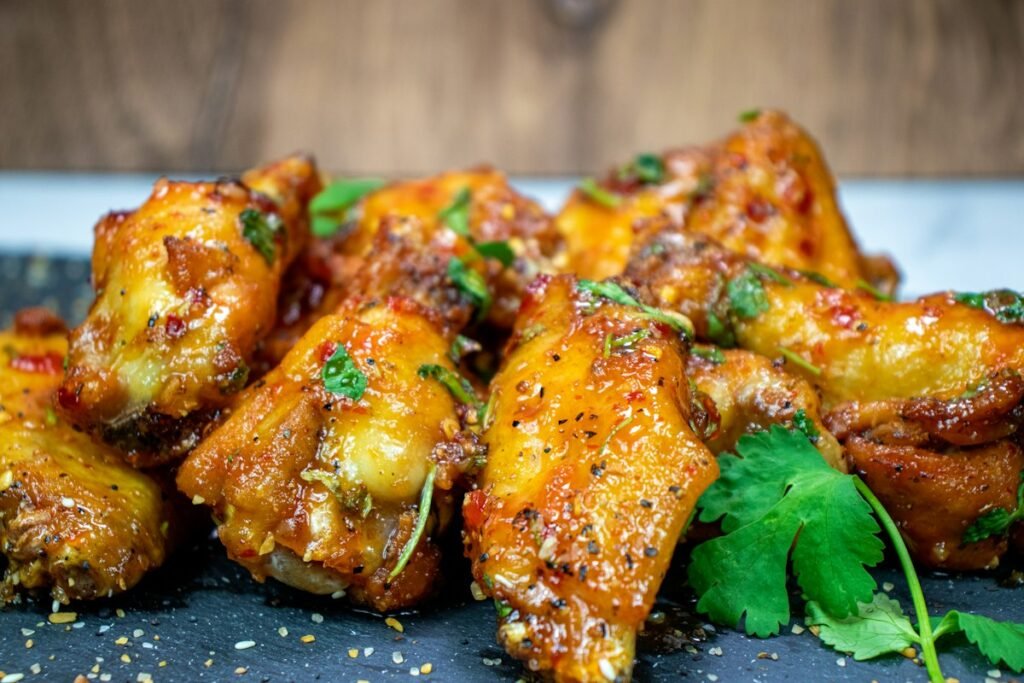 Saucy air fryer chicken wings garnished with herbs