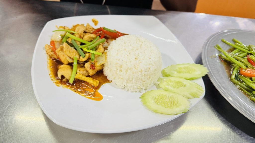 Sweet and spicy glazed chicken with rice, green onions and cucumber slices